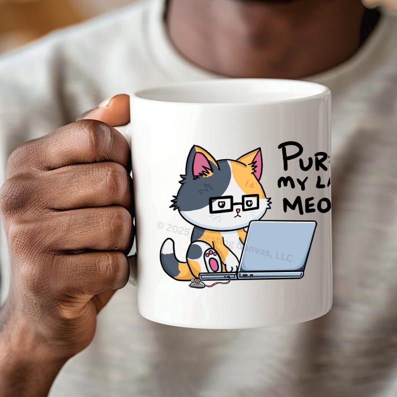A funny design of a cat working on a computer. A cat wearing glasses sits in front of a laptop. Next to the cat on the floor is a little mouse with a 2 ears and a nose. Its tail connects into the side of the cat's laptop. The cat is looking down at the computer. The caption for the design says: "PURR MY LAST MEOW.” Perfect gift for the sarcastic coworker, employee recognition idea or team building gift.