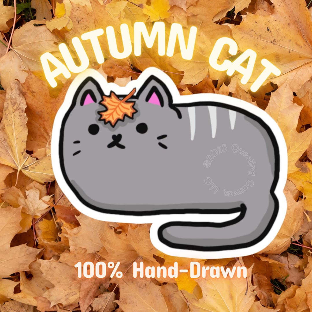 Fall Cat Stickers Fall Cat Sticker Leaf on Head Cat Decal White Border Cat Vinyl Decor ...