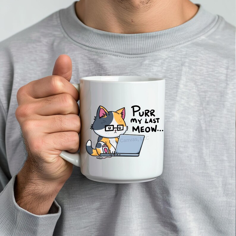 A funny design of a cat working on a computer. A cat wearing glasses sits in front of a laptop. Next to the cat on the floor is a little mouse with a 2 ears and a nose. Its tail connects into the side of the cat's laptop. The cat is looking down at the computer. The caption for the design says: "PURR MY LAST MEOW.” Perfect gift for the sarcastic coworker, employee recognition idea or team building gift.