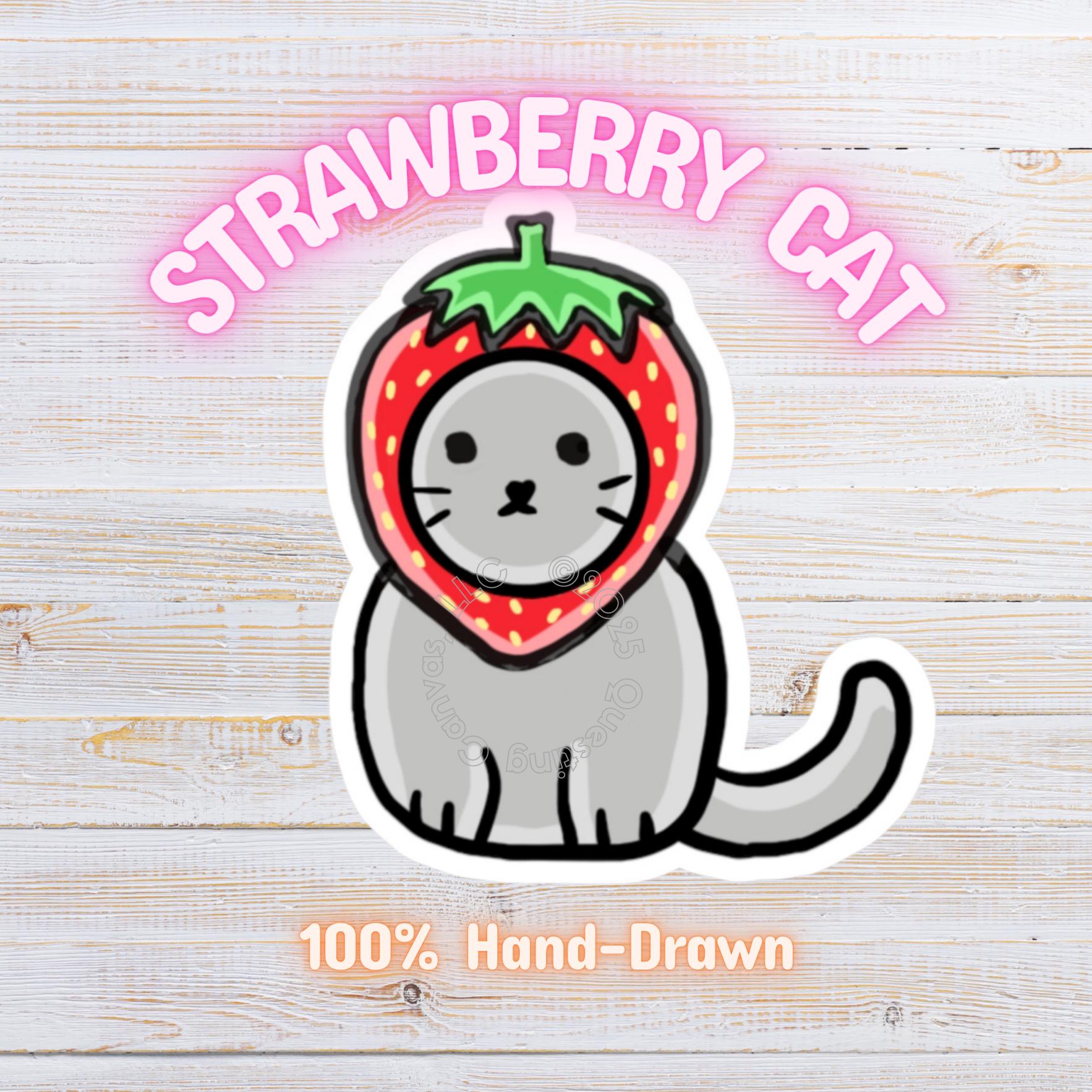 Strawberry Cat Sticker White Border Cat Vinyl Sticker for Laptops ...