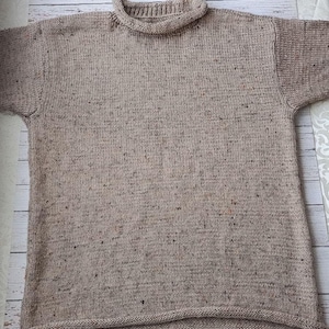 May include: A beige, short-sleeved sweater with a ribbed roll neck collar and hem. The knitwear has a speckled texture, with flecks of darker brown and red throughout the fabric. The sweater is laid flat, showcasing its simple, classic design.