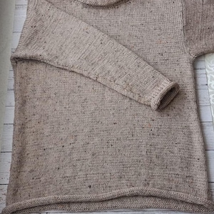 May include: A beige, long-sleeved jumper with a roll neck collar. The jumper has a textured knit pattern with flecks of darker colours throughout. The sleeves are long, and the hemline is straight. The jumper is made of a soft, warm material.