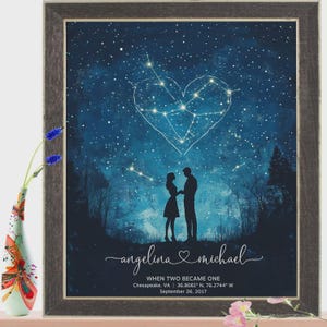 Décoration murale personnalisée en forme de coeur et de carte des étoiles - Cadeau personnalisé avec impression de ciel nocturne pour un anniversaire, un anniversaire de mariage ou la Saint-Valentin