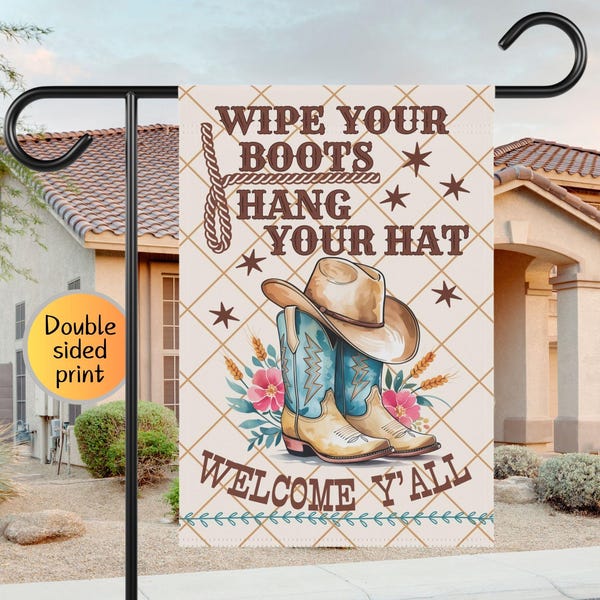Welcome Y'all Country Garden Flag, Western garden flag, Cowboy Boots Porch Flag, welcome garden flag, Yard Flag, Porch Decor,cowboy hat flag