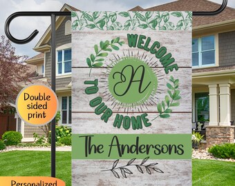 Personalized Welcome flag, family name garden flag, last name sign, new home owner gift, custom floral wreath garden flag, front yard flag