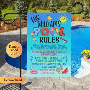 May include: A blue and pink pool rules sign with the text "The Williams Pool Rules". The sign has a fun summer theme with images of a pool float, popsicles, sunglasses, and a watermelon. The text on the sign reads: "Swim trunks are optional but please no birthday suits! No running unless you don't mind falling. Leave your stress at the steps - it can't swim! Sunscreen - apply it or fry like bacon! Relax, laugh and repeat."