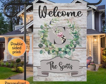 Personalized Welcome flag, family name garden flag, last name sign, new home owner gift, custom floral wreath garden flag, front yard flag