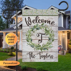 Personalized garden flag, family name garden flag, last name sign, new home owner gift, custom olive wreath garden flag, front yard flag