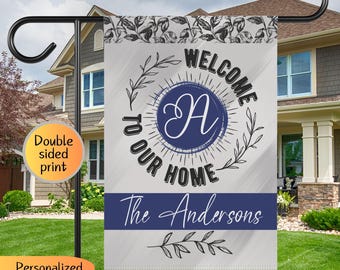 Personalized Welcome flag, family name garden flag, last name sign, new home owner gift, custom floral wreath garden flag, front yard flag