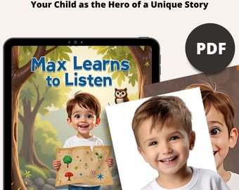 May include: A personalized story book with an illustrated portrait of a child. The book cover features a child holding a map and the title "Max Learns to Listen".