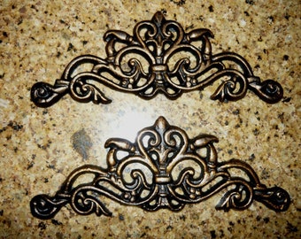 TWO Cast Iron Scroll Toppers | PICK Your COLOR | Cabinet Hardware | Wall Plaques | Tuscan | Kitchen | Pediment | Bathroom