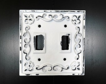 Double Toggle Light Switch Plate Cover, PICK YOUR COLOR, Cast Iron Two Toggle, Switch Plate Cover, Wall Decor, Nursery Decor, Fleur de lis