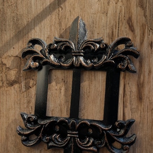 Double Rocker Switch Plate, PICK YOUR COLOR, Fleur de Lis Cover Metal - 2 rocker decora - Two gang rocker plate, Light switch plate cover,