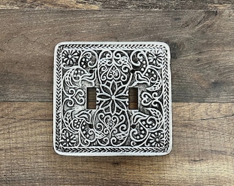 Double Toggle Light Switch Plate Cover, PICK YOUR COLOR, Cast Iron Two Toggle Switchplate, Switch Plate Cover, Wall Decor, Fleur de lis