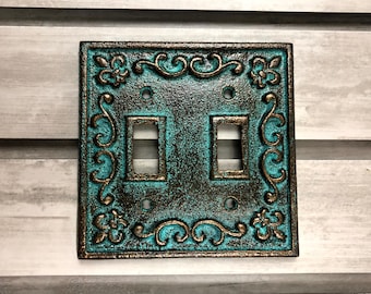 Double toggle Light Switch Plate Cover, PICK YOUR COLOR, Two toggle Cast Iron Switch Plate Cover, Wall Decor, Nursery Decor, Fleur de lis