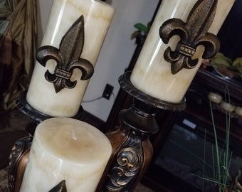 Set of 3 Iron Fleur de lis candle pins - PICK YOUR COLOR - Three Fleurs candle decor, New Orleans French Old World Tuscan Pillar Candles