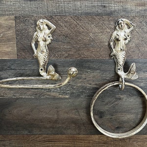 COMBO Suporte de papel higiênico de sereia E anel de toalha de sereia de 6", casa de praia, decoração de banheiro de casa de lago, acessórios de banho. Suporte de toalha de parede.