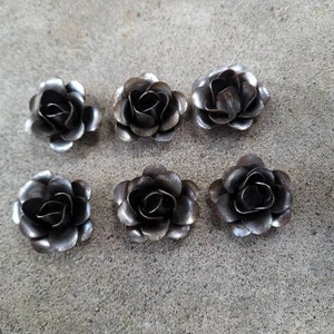 May include: Six handcrafted metal rose flowers with a dark, aged finish. The roses are arranged on a gray concrete surface. Each flower has multiple petals, creating a detailed and realistic appearance. These decorative metal flowers could be used for crafts or home decor.