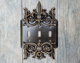 Metal Triple Toggle Light Switch Plate. PICK YOUR COLOR. 3 gang light switch cover, Medieval Gothic Royal Tuscan Decor. Three toggle switch