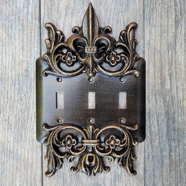 Metal Triple Toggle Light Switch Plate. PICK YOUR COLOR. 3 gang light switch cover, Medieval Gothic Royal Tuscan Decor. Three toggle switch