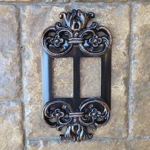 Ornate 2 Rocker Switch Plate Cover, PICK your COLOR, Metal Wall Decor, GFI Rocker Switch, Outlet Plate Covers Double Rocker 2 gang decora