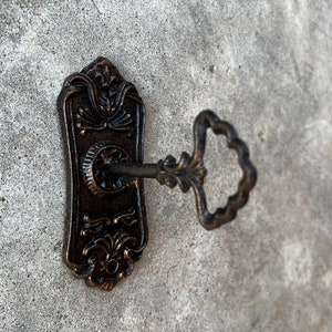 Op de afbeelding: Een sierlijke bronzen sleutel die in een bijpassende sleutelplaat is gestoken. De sleutelplaat heeft een rechthoekige vorm met decoratieve bloemen- en krulwerkdetails. De sleutel heeft een decoratieve handgreep. De achtergrond is een getextureerd grijs oppervlak.