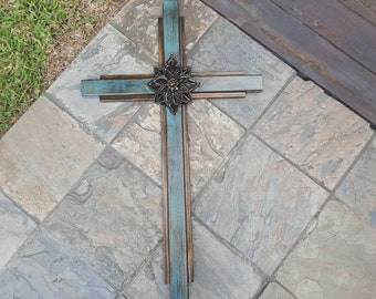 Large Turquoise Iron Wall Cross. Handmade and hand painted. 36 inches tall. Original Design.