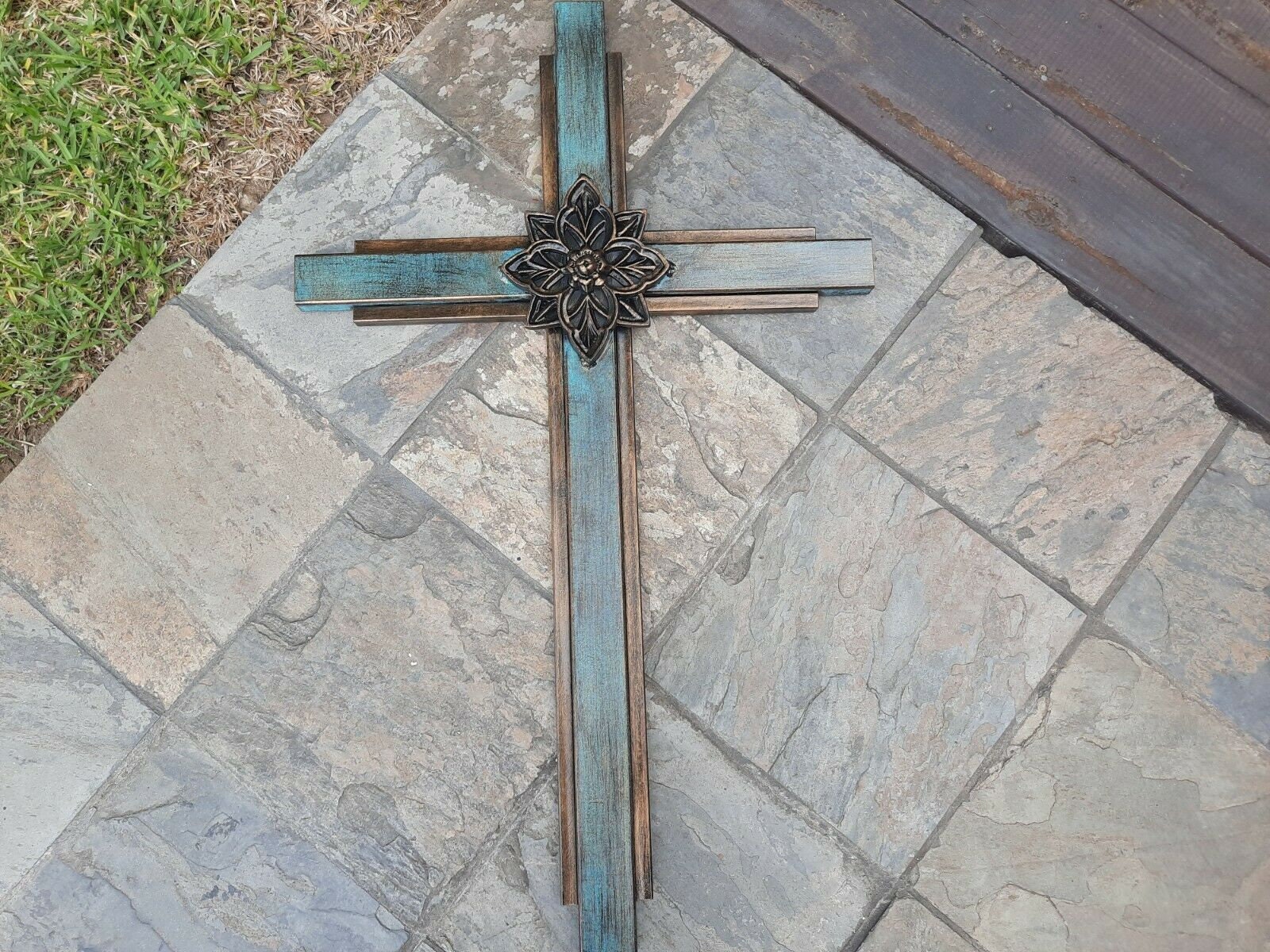 Large Turquoise Iron Wall Cross. Handmade and Hand Painted. 36