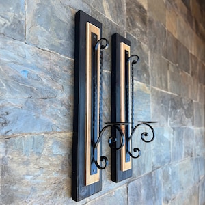 Candle Sconces | Set of 2 wall sconces | Wrought Iron Decor | pillar Candleholder | Wall Decor | wood iron wall decor,  FleurDeLisJunkie