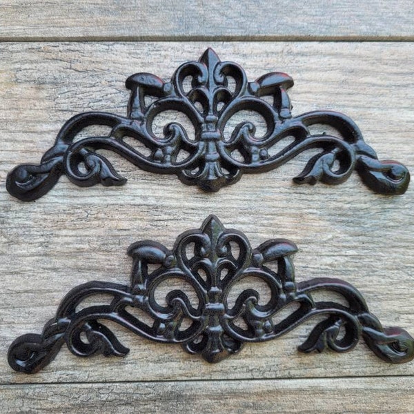 TWO Cast Iron Scroll Toppers | PICK Your COLOR | Cabinet Hardware | Wall Plaques Tuscan Kitchen Pediment Bathroom sink inserts. Fleur de Lis