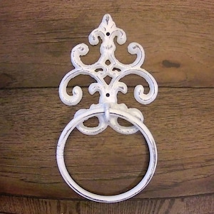 Shabby Chic Towel Ring | Fleur De Lis Hand Towel Ring | Cast Iron Towel Ring | White Towel Hanger | Shabby Chic Bathroom | Fleurdelisjunkie