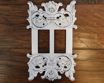 Cubierta de interruptor de luz Double Rocker Shabby Chic, ELIJA SU COLOR, 2 gang rocker, placa de interruptor de luz Two Rocker Decora, decoración de pared de metal, toscano