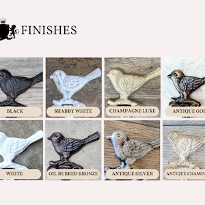 May include: A chart displaying various finishes for cast iron bird hooks. The finishes include black, shabby white, champagne luxe, antique gold, white, oil rubbed bronze, antique silver, and antique champagne.