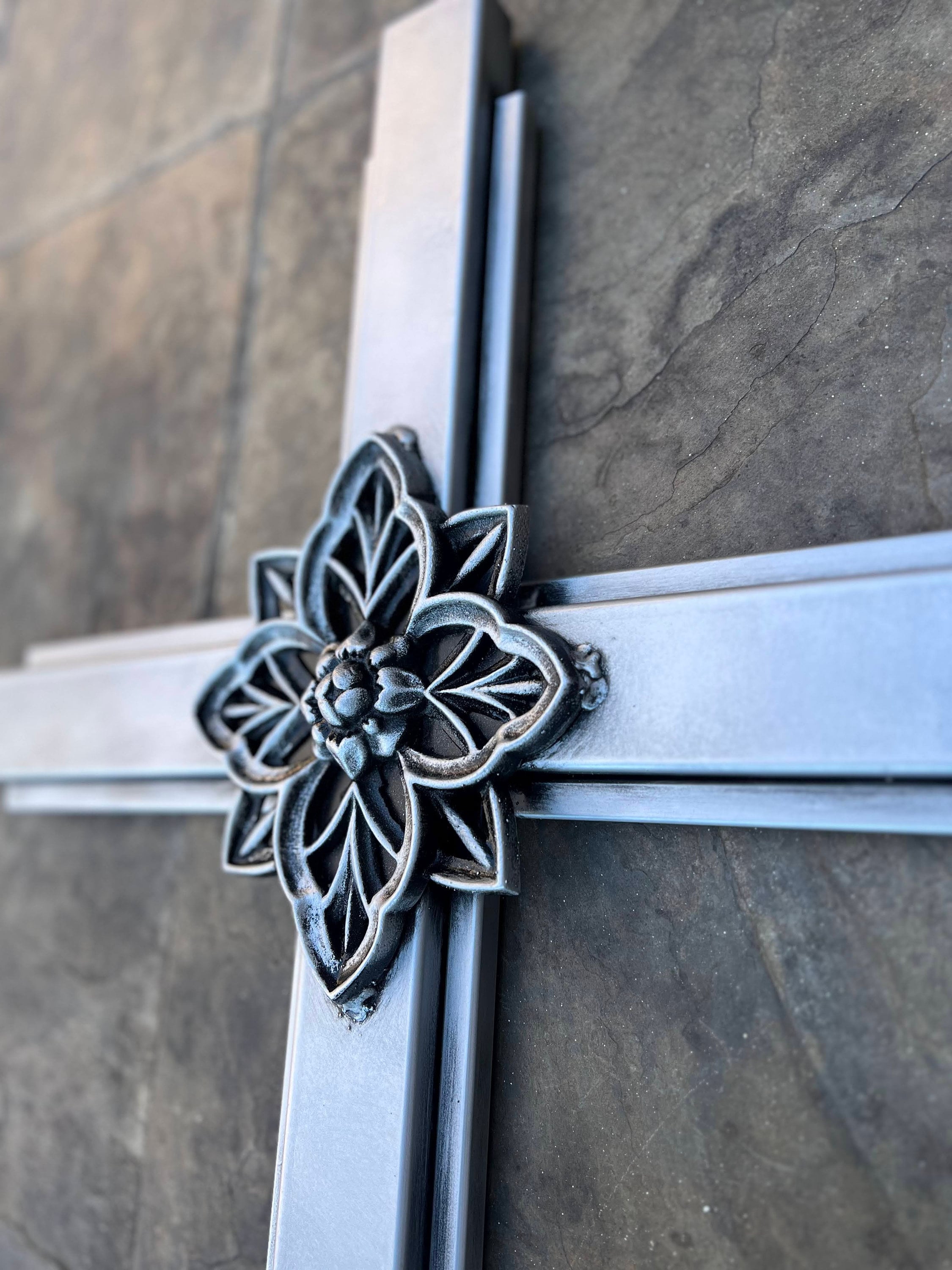 Large Silver Iron Wall Cross. Handmade and Hand Painted. 36 Inches