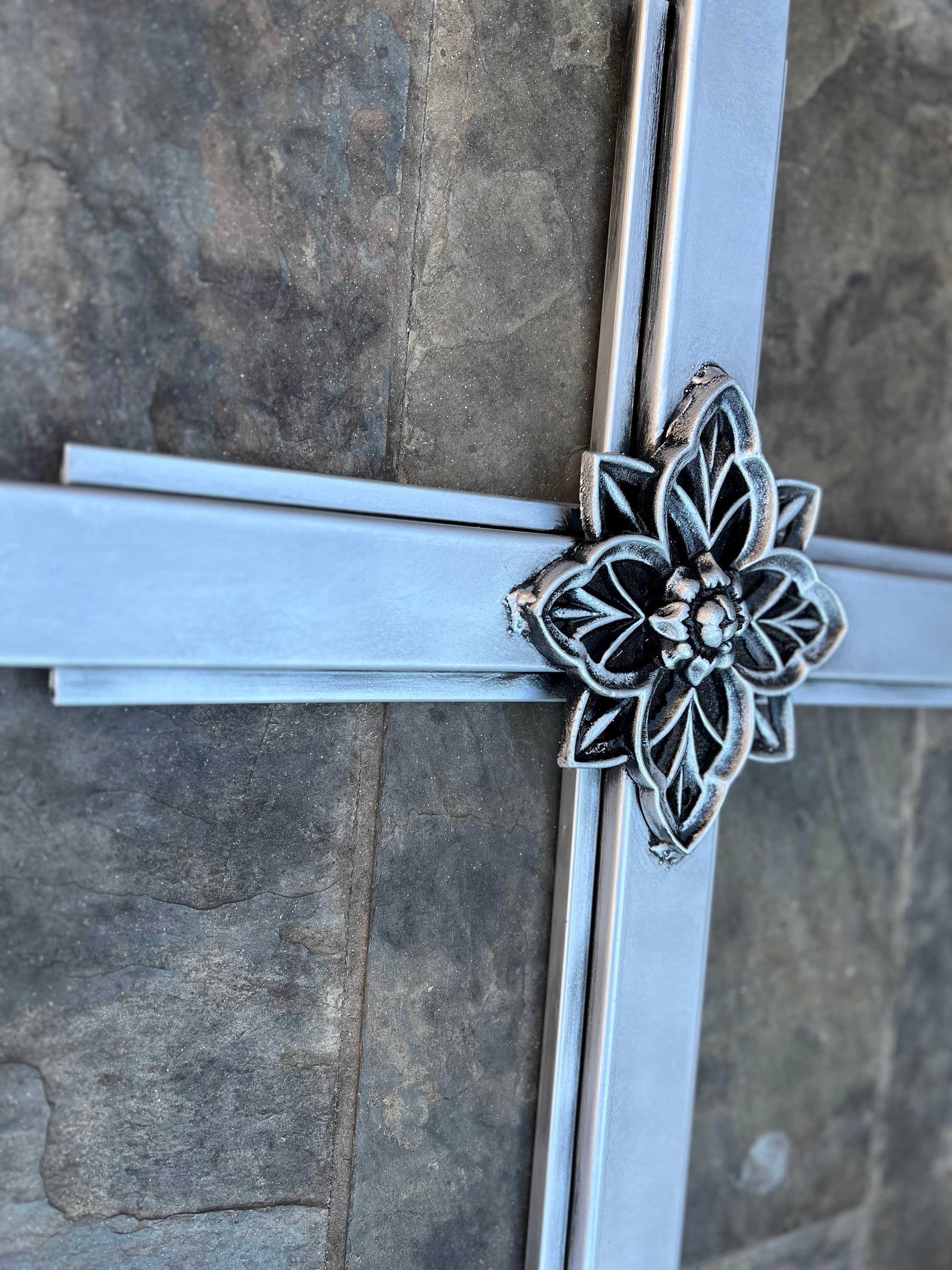 Large Silver Iron Wall Cross. Handmade and Hand Painted. 36 Inches
