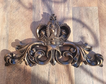 Crown Topper Pediment Art. Cross Fleur de Lis Decor, Scroll over door decor. Medieval Tuscan Old world wall hanging. Traditional Royalty