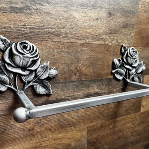 Metal Towel Bar with rose medallions. Bathroom fixture, hand painted and handmade. Iron Bath towel bar.