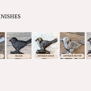 May include: Five cast iron bird hooks in different finishes: shabby white, black, antique gold, antique silver, and oil rubbed bronze.  The hooks are displayed on a wooden background.  Finishes text is above the hooks.