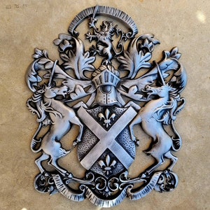 Coat of Arms Wall Plaque Family Crest Design Heraldry | PICK YOUR COLOR | Shield Decor Metal Art Unicorn Lion Fleur de Lis Queen King Royal