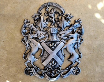 Coat of Arms Wall Plaque Family Crest Design Heraldry | PICK YOUR COLOR | Shield Decor Metal Art Unicorn Lion Fleur de Lis Queen King Royal