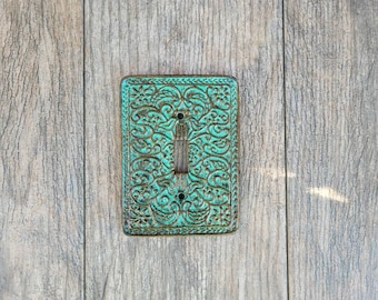 Single Toggle Metal Switch Plate Cover, One Toggle Light Switchplate, Tuscan Old World Fleur de Lis Decor, Antique Turquoise, Boho. Bohemian