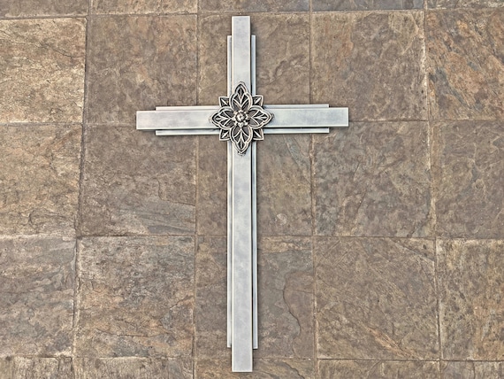 Large Silver Iron Wall Cross. Handmade and Hand Painted. 36 Inches