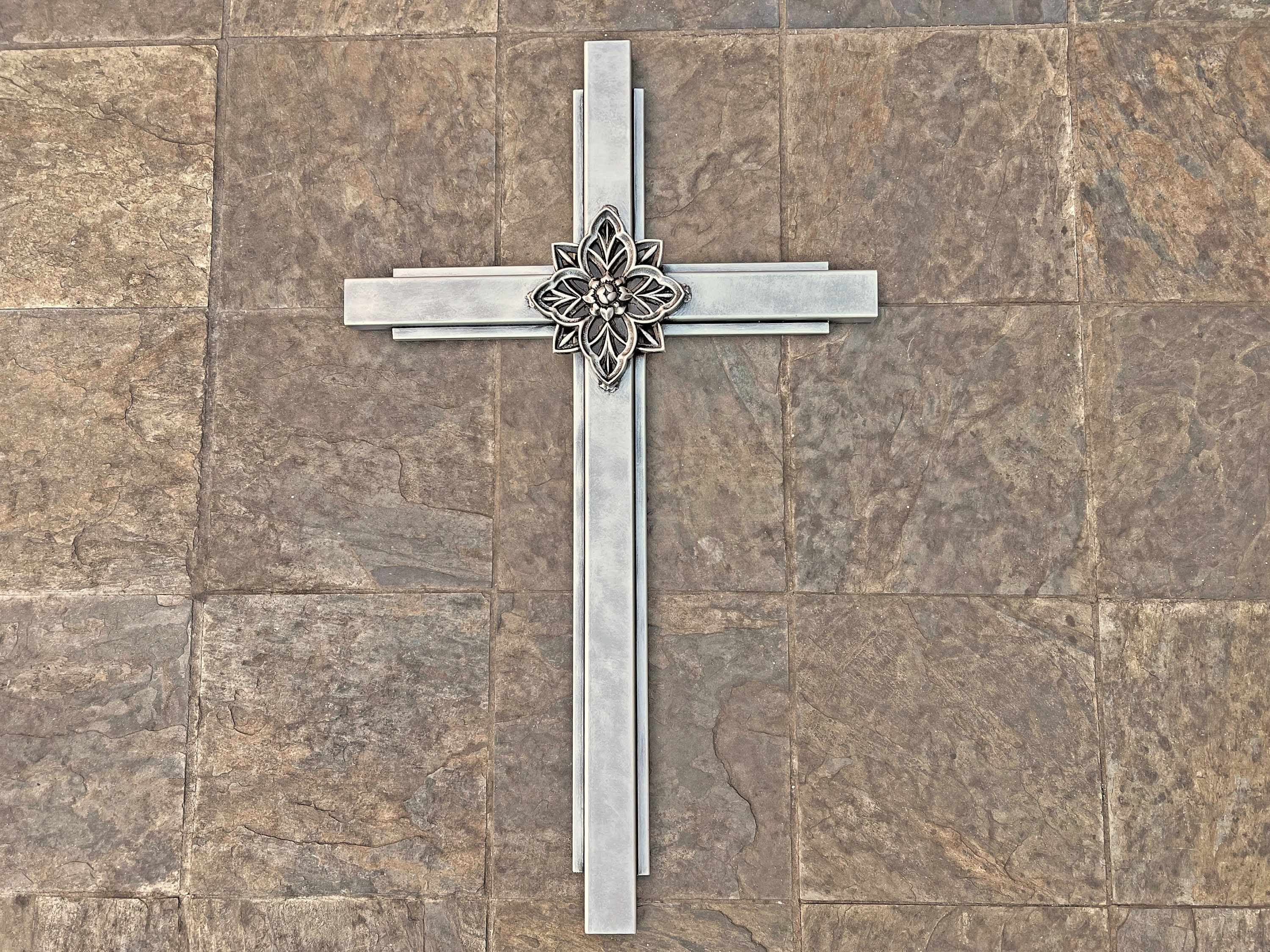 Large Silver Iron Wall Cross. Handmade and Hand Painted. 36 Inches