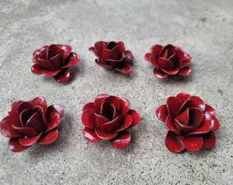 Mini Red Steel Roses | Rustic Metal Flower Embellishments - Set of 6