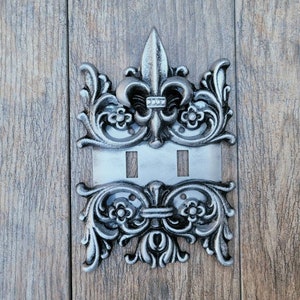 Metal Fleur de Lis Double Toggle Switch Plate | PICK YOUR COLOR | Two gang Decorative Iron Switch plate | FleurDeLisJunkie | Fleur de Lis