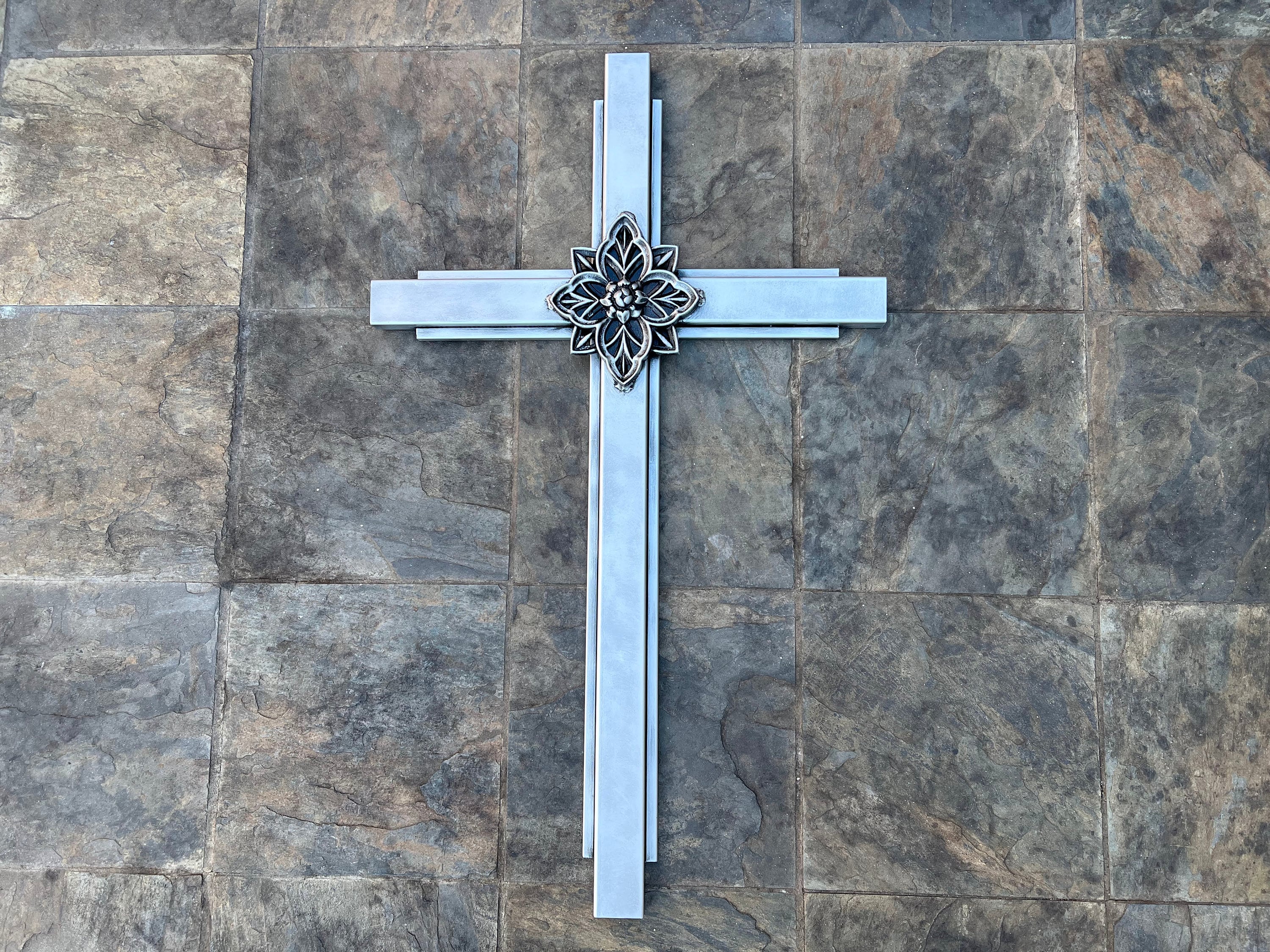 Large Silver Iron Wall Cross. Handmade and Hand Painted. 36 Inches
