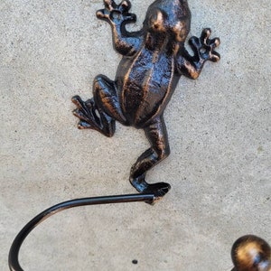 May include: A black metal frog-shaped toilet paper holder with a gold-colored accent on the end of the roll holder.