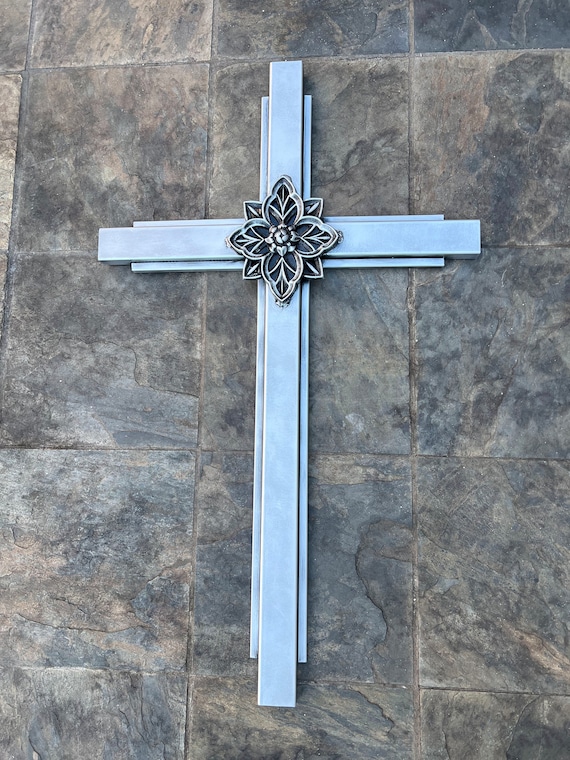 Large Silver Iron Wall Cross. Handmade and Hand Painted. 36 Inches