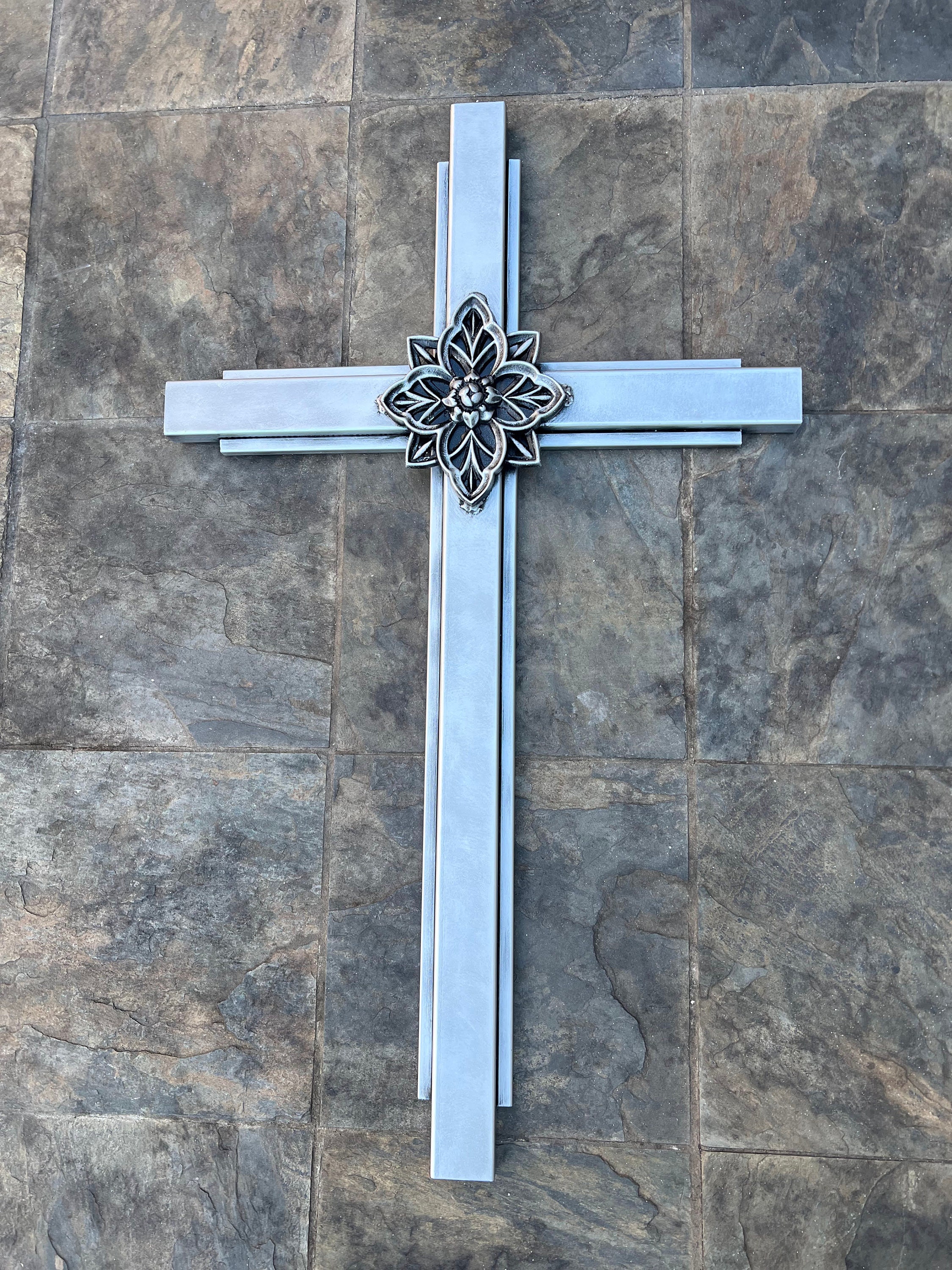 Large Silver Iron Wall Cross. Handmade and Hand Painted. 36 Inches