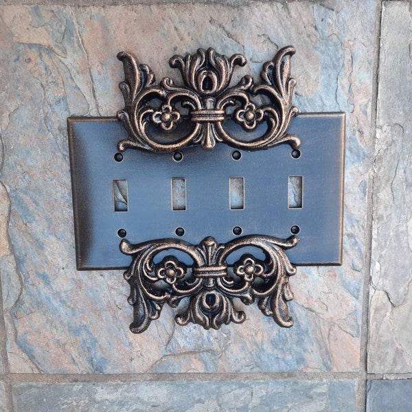 4 Toggle Switch Plate | PICK YOUR COLOR | Custom Quadruple Light Switchplate | Fleur de lis Four Toggle | Quad toggle switchplate